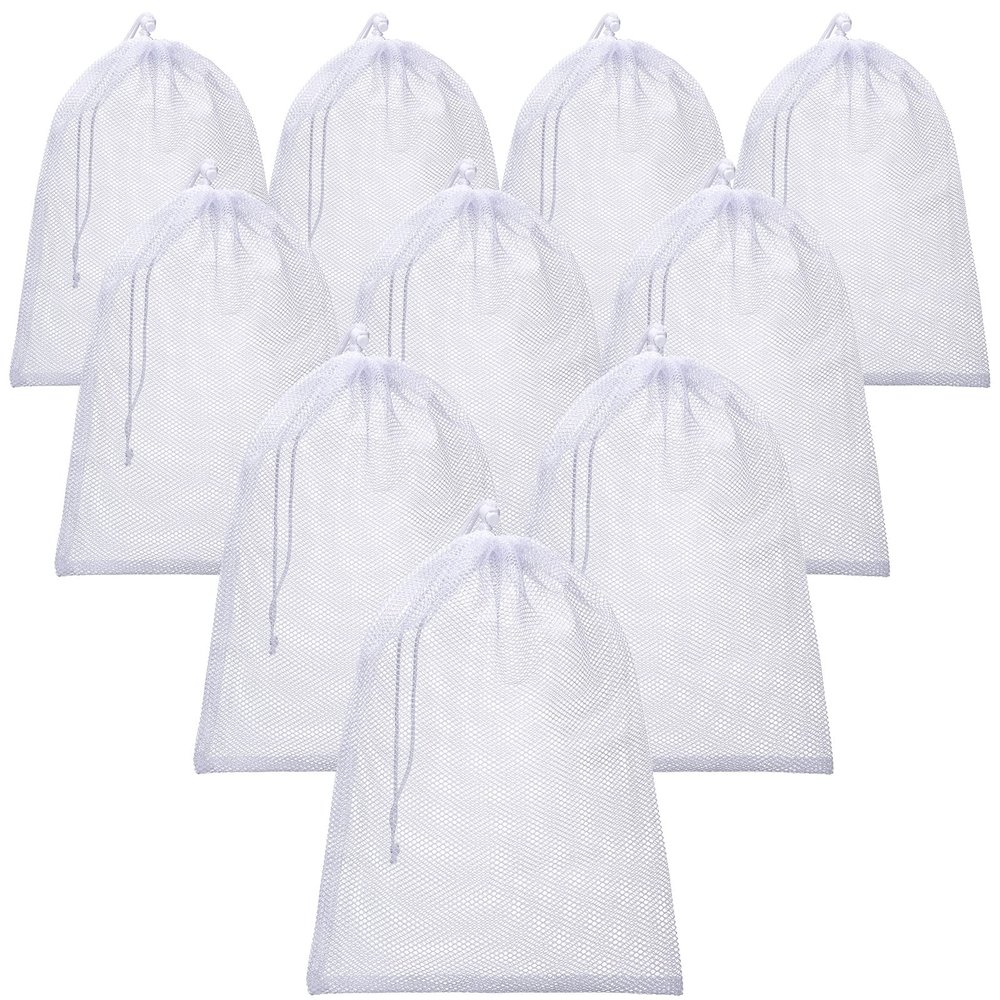 10 Pieces Mesh Bags Drawstring Laundry Bags Nylon Mesh Bags Dishwasher Bag with Sliding Drawstring for Home Kitchen Supplies (12 x 16 Inch, White,)