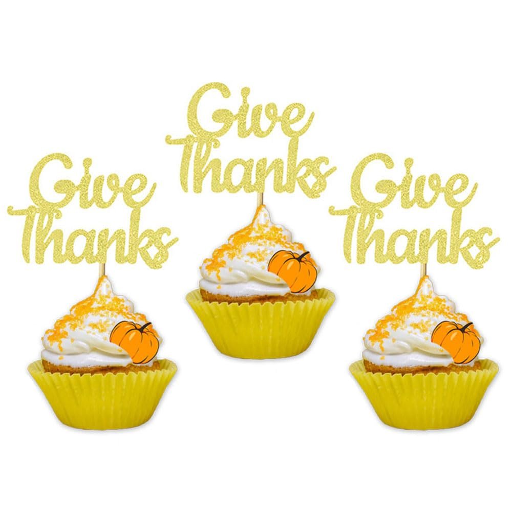 24 Pcs Golden Give Thanks Cupcake Toppers Thanksgiving Themed Cake Insert MGPFERD