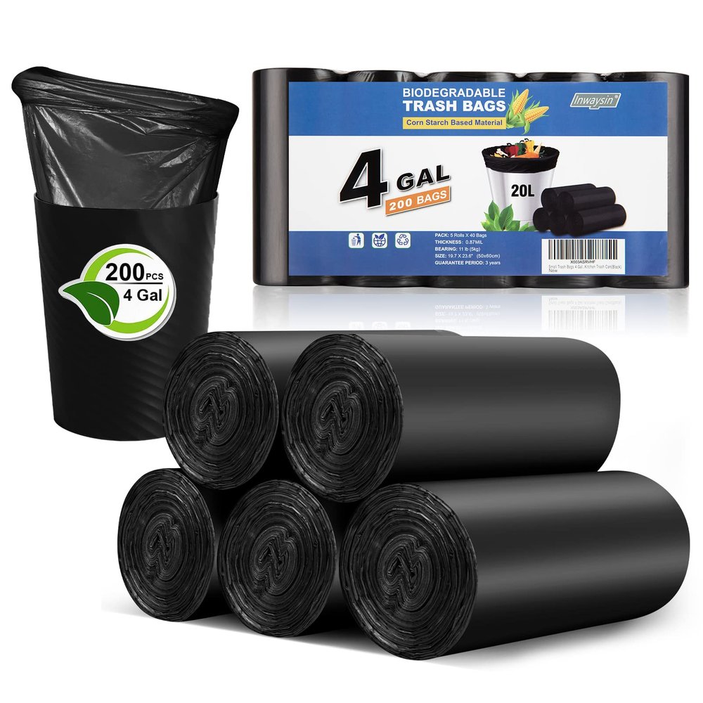 Inwaysin 200 Pieces Small Bathroom Trash Bags 10-15 Liter, Heavy Duty Biodegradable, Unscented, Extended Size for Kitchen
