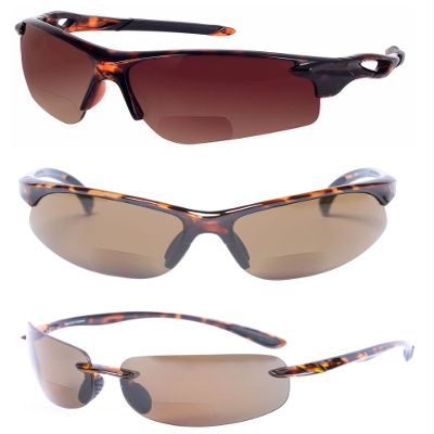 Mass Vision The Allstars 3 Pair Assortment of Bifocal Sport Wrap Reading Sunglasses for Men and Women - Tortoise - 2.00