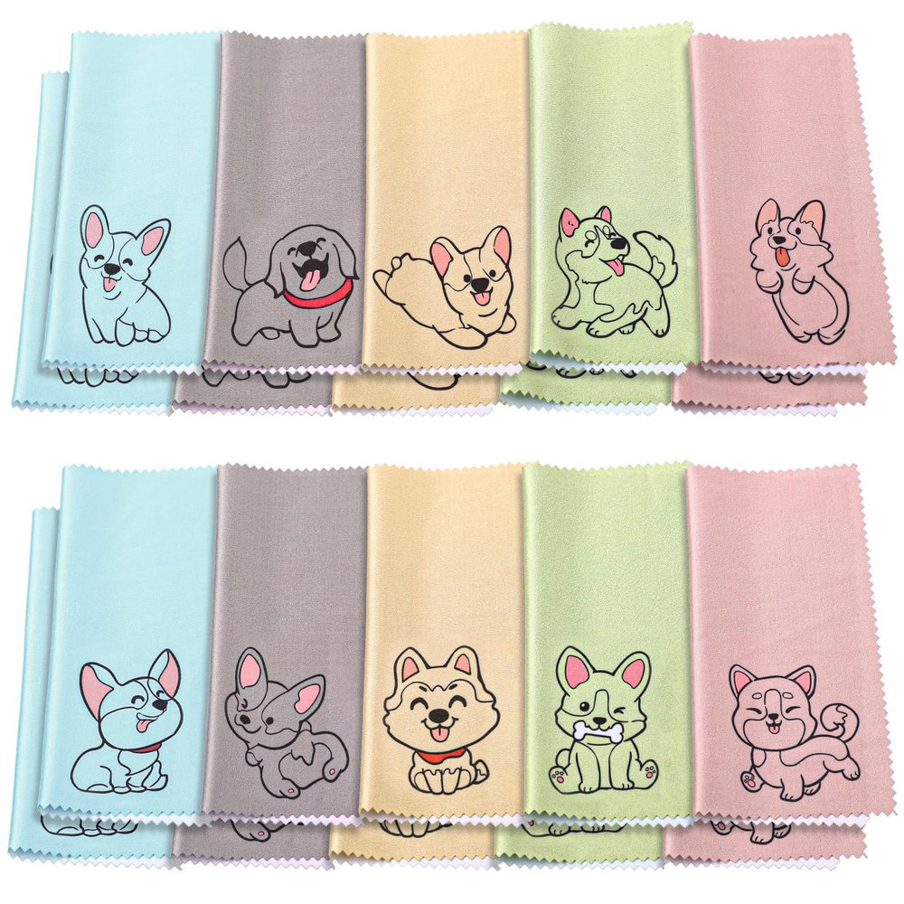 20 Pcs Microfiber Cleaning Cloth Cute Dog Design Microfiber Cloth Soft Multicolor Glasses Cleaner Cloth for Eyeglasses Camera Lens Cell Phone Screens Glasses, 6 x 6 Inches