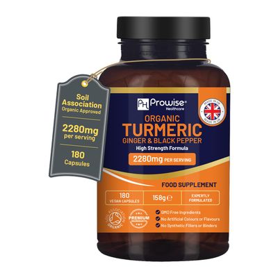 Organic Turmeric 2280mg (High Strength) with Black Pepper & Ginger - 180 Vegan Turmeric Capsules with Active Ingredient Curcumin I Soil Association Approved I UK Made by Prowise Healthcare