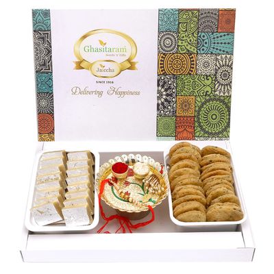 Ghasitaram Gifts Rakhi Gifts for Brothers Assorted Box of Kaju Katlis, Methi Mathi, Pooja Thali and Bhaiya Bhabhi Rakhis