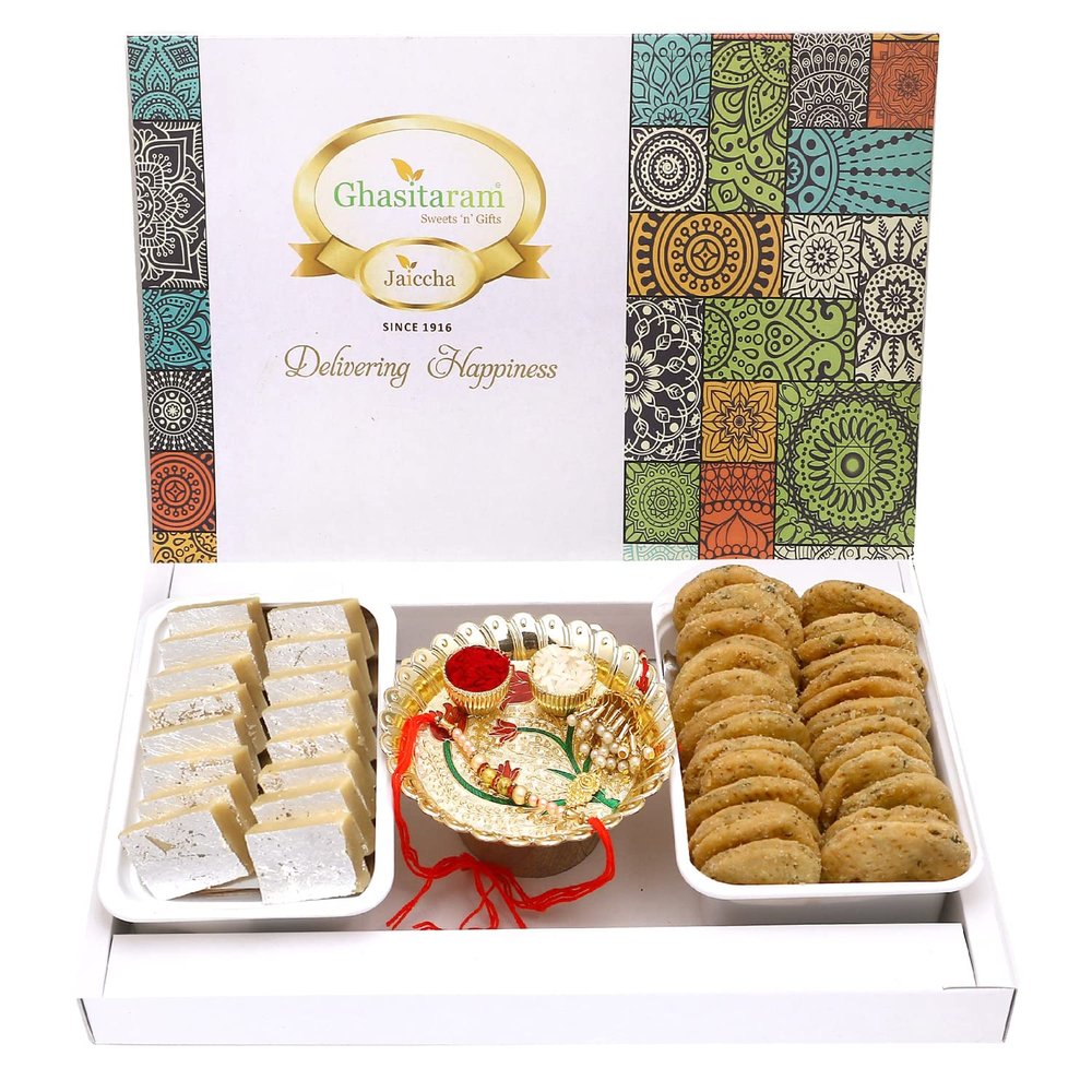 Ghasitaram Gifts Rakhi Gifts for Brothers Assorted Box of Kaju Katlis, Methi Mathi, Pooja Thali and Bhaiya Bhabhi Rakhis