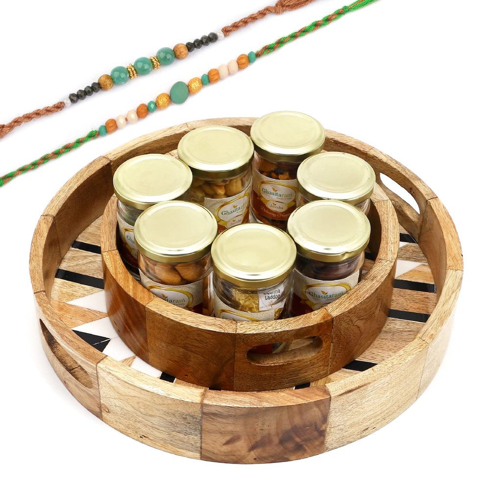 Ghasitaram Gifts Rakhi Gifts for Brothers Set of 2 Round Printed Wooden Trays of 7 Jars with 2 Green Beads Rakhis