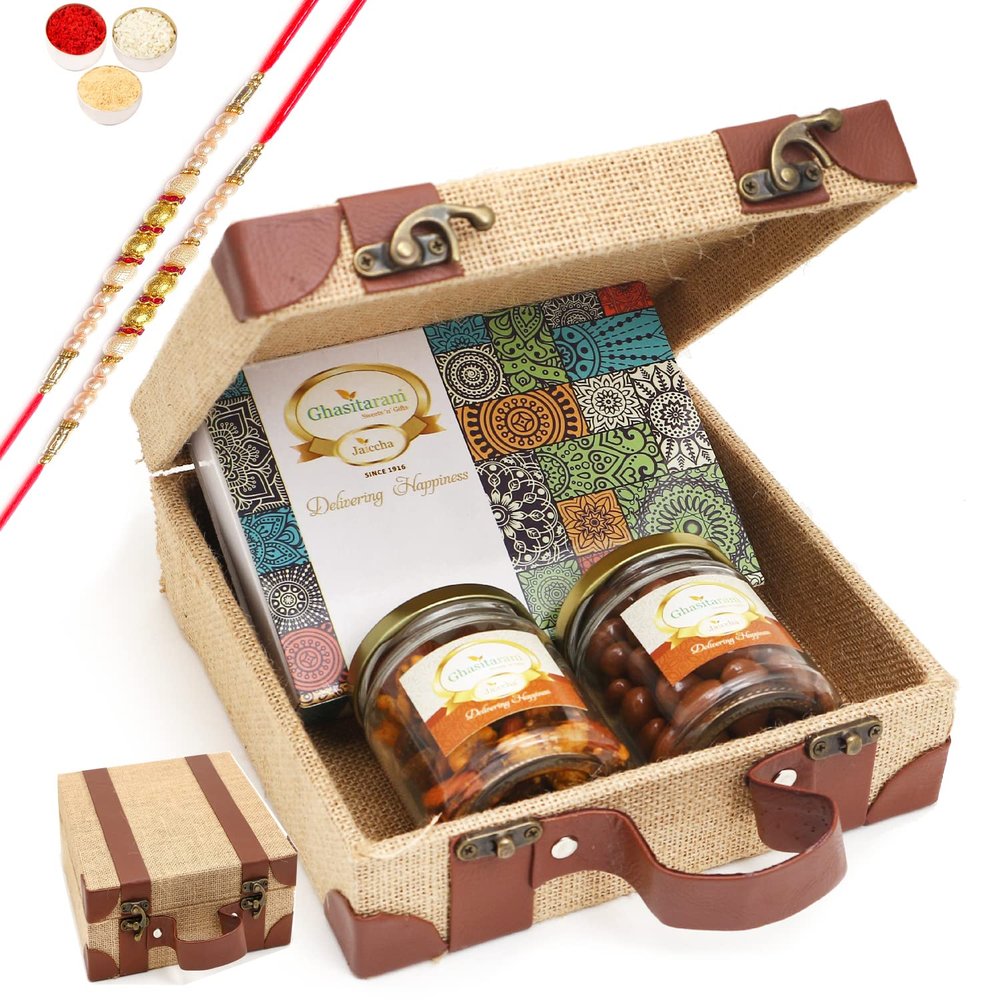 Ghasitaram Gifts Rakhi Gifts for Brothers Jute Box of Chocolate Alomnds, Mix Dryfruits and Assorted Bites with 2 Pearl Rakhis