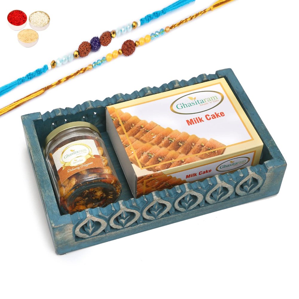 Ghasitaram Gifts Rakhi Gifts for Brothers Blue Wooden Tray with Milk Cake and Mix Dryfruits Jar with 2 Blue Rudraksh Rakhis