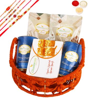 Ghasitaram Gifts Rakhi Gifts for Brothers Orange Jute Basket of assortments with Besan Barfi with 5 rakhis