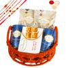 Ghasitaram Gifts Rakhi Gifts for Brothers Orange Jute Basket of assortments with Besan Barfi with 5 rakhis view 1