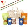 Ghasitaram Gifts Rakhi Gifts for Brothers Jute Fancy Basket/ Carry Bag/ Magazine Holder of Assorments with Kaju Katli with 2 Green Beads Rakhis view 1