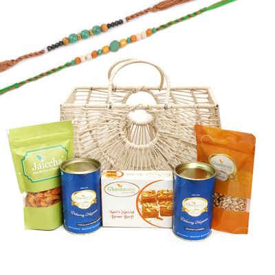 Ghasitaram Gifts Rakhi Gifts for Brothers Jute Fancy Basket/ Carry Bag/ Magazine Holder of Assorments with Besan Barfi with 2 Green Beads Rakhis