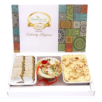 Ghasitaram Gifts Rakhi Gifts for Brothers Assorted Box of Kaju Katlis, Soan Papdi, Pooja Thali and Bhaiya Bhabhi Rakhis
