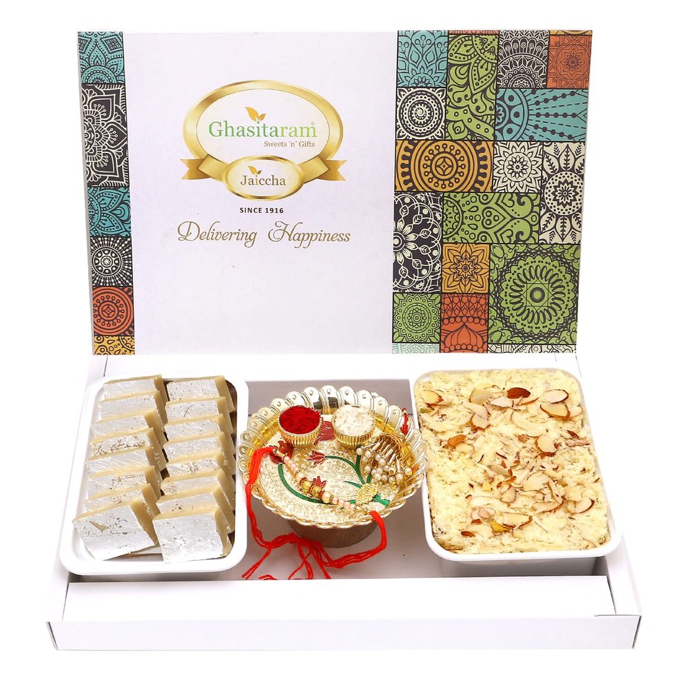 Ghasitaram Gifts Rakhi Gifts for Brothers Assorted Box of Kaju Katlis, Soan Papdi, Pooja Thali and Bhaiya Bhabhi Rakhis