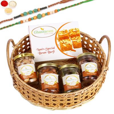 Ghasitaram Gifts Rakhi Gifts for Brothers Wooden Cane Round Basket of 4 Assorted Nuts and Besan Barfi with 2 Green Beads Rakhis