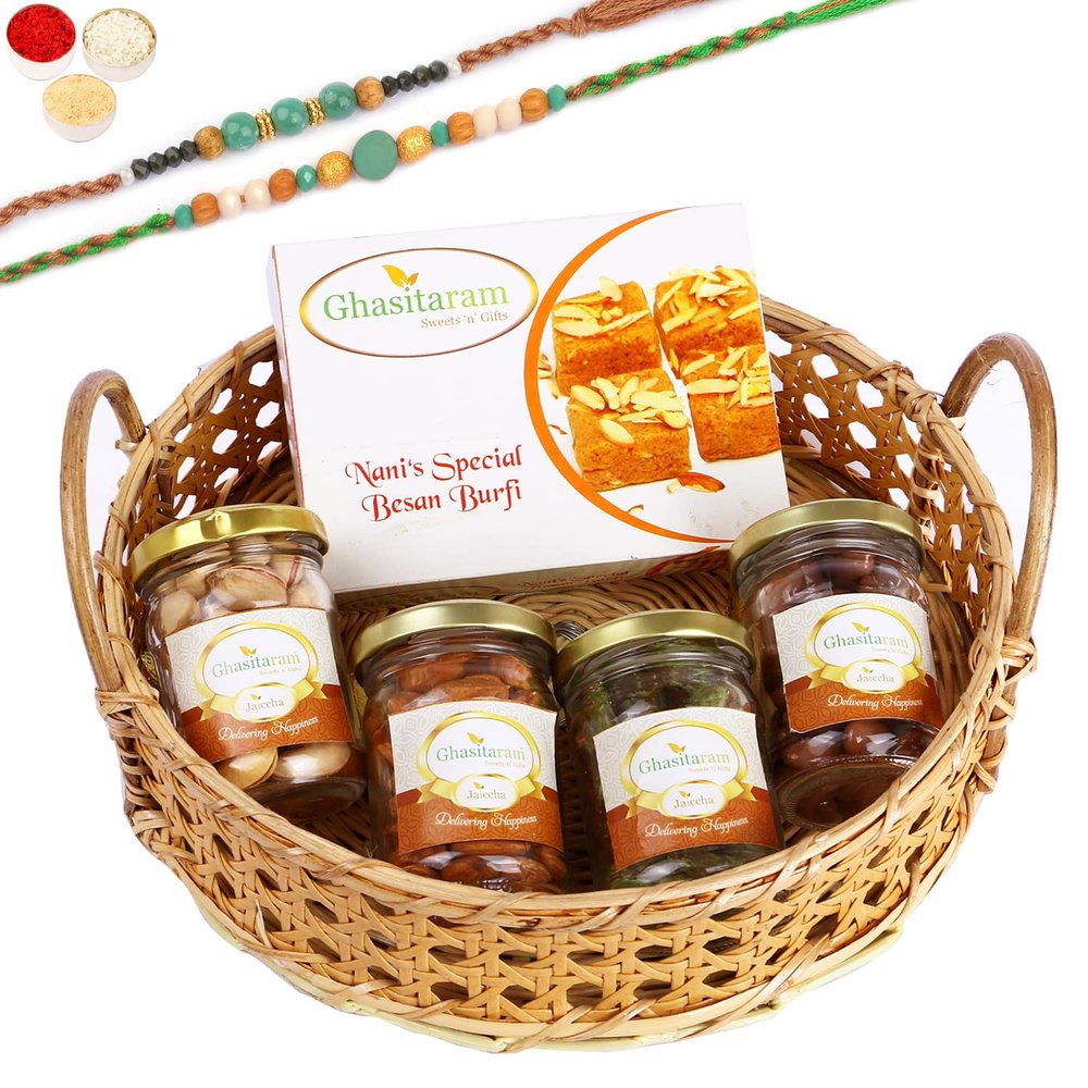 Ghasitaram Gifts Rakhi Gifts for Brothers Wooden Cane Round Basket of 4 Assorted Nuts and Besan Barfi with 2 Green Beads Rakhis