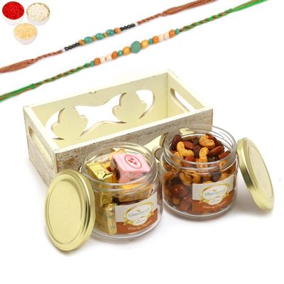 Ghasitaram Gifts Rakhi Gifts for Brothers White Wooden Tray of 2 Jars of Assorted Bites and Mix Dryfruits with 2 Green Beads Rakhis
