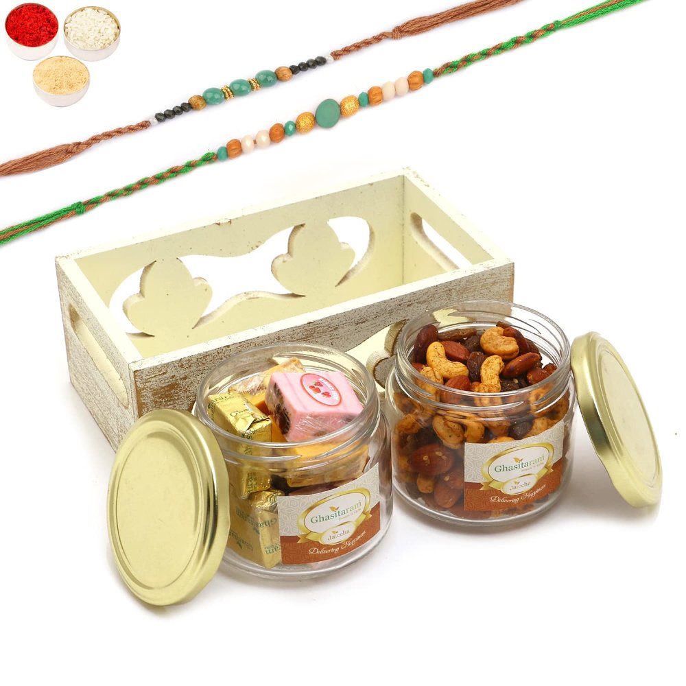 Ghasitaram Gifts Rakhi Gifts for Brothers White Wooden Tray of 2 Jars of Assorted Bites and Mix Dryfruits with 2 Green Beads Rakhis