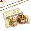 Ghasitaram Gifts Rakhi Gifts for Brothers White Wooden Tray of 2 Jars of Assorted Bites and Mix Dryfruits with 2 Green Beads Rakhis view 1