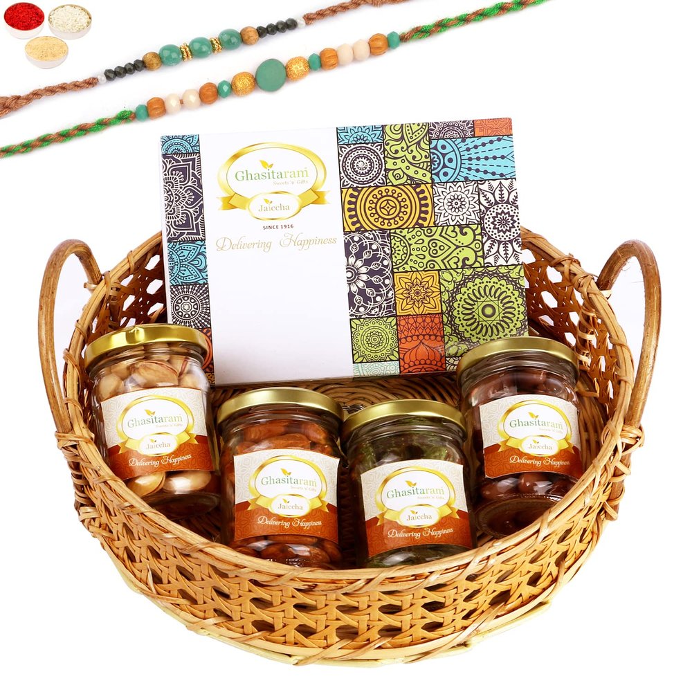 Ghasitaram Gifts Rakhi Gifts for Brothers Wooden Cane Round Basket of 4 Assorted Nuts and Assorted Bites with 2 Green Beads Rakhis