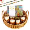 Ghasitaram Gifts Rakhi Gifts for Brothers Wooden Cane Round Basket of 4 Assorted Nuts and Assorted Bites with 2 Green Beads Rakhis view 1