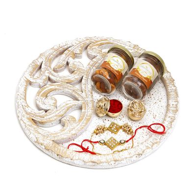 Ghasitaram Gifts Rakhi Gifts for Brothers White Wooden Thali with Chocolate Almonds, Mix Dryfruits and Bhaiya Bhabhi Rakhis