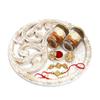 Ghasitaram Gifts Rakhi Gifts for Brothers White Wooden Thali with Chocolate Almonds, Mix Dryfruits and Bhaiya Bhabhi Rakhis view 1