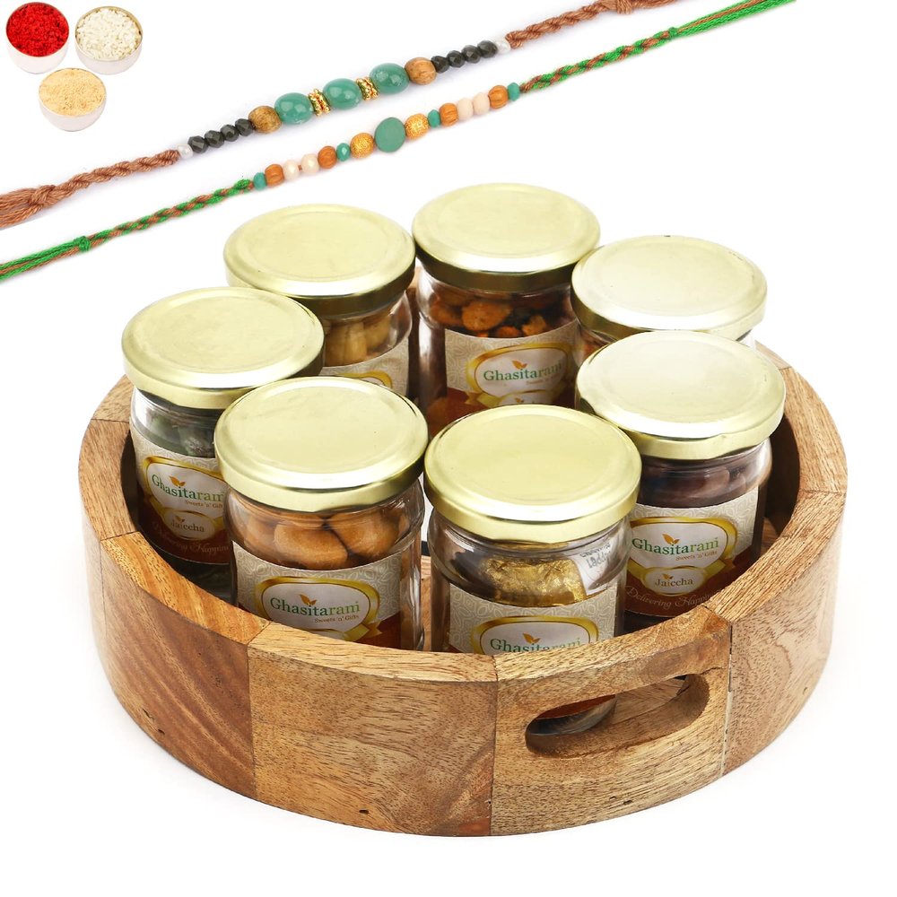 Ghasitaram Gifts Rakhi Gifts for Brothers Round Printed Wooden Tray of 7 Jars with 2 Green Beads Rakhis