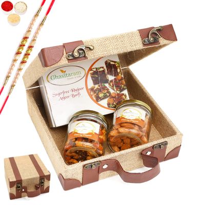 Ghasitaram Gifts Rakhi Gifts for Brothers Jute Box of Alomnds, Mix Dryfruits and Sugarfree Bites with 2 Pearl Rakhis