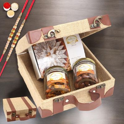 Ghasitaram Gifts Rakhi Gifts for Brothers Jute Box of Chocolate Alomnds, Mix Dryfruits and Kaju Katli with 2 Pearl Rakhis