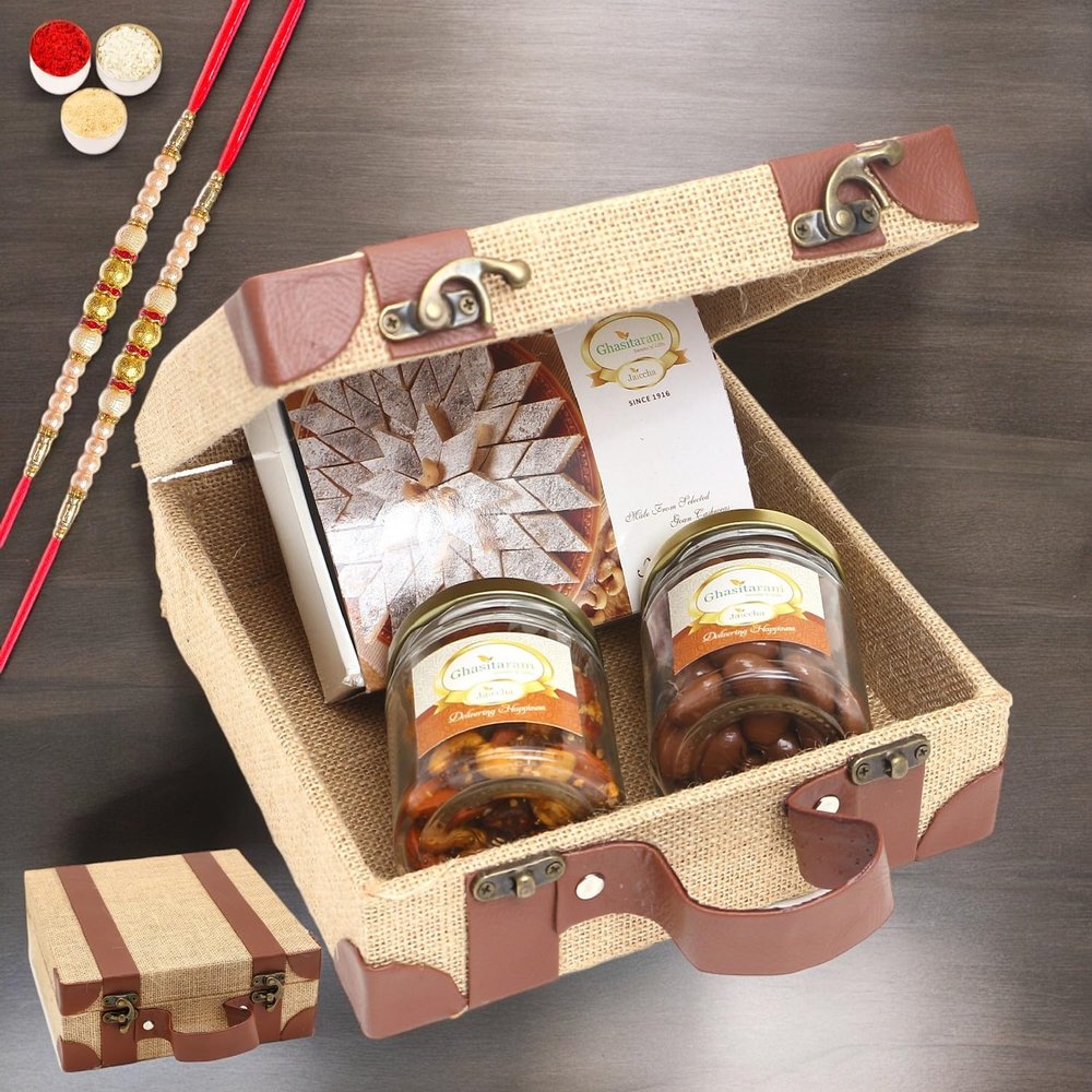 Ghasitaram Gifts Rakhi Gifts for Brothers Jute Box of Chocolate Alomnds, Mix Dryfruits and Kaju Katli with 2 Pearl Rakhis