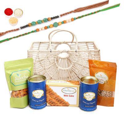 Ghasitaram Gifts Rakhi Gifts for Brothers Jute Fancy Basket/ Carry Bag/ Magazine Holder of Assorments with Milk Cake with 2 Green Beads Rakhis