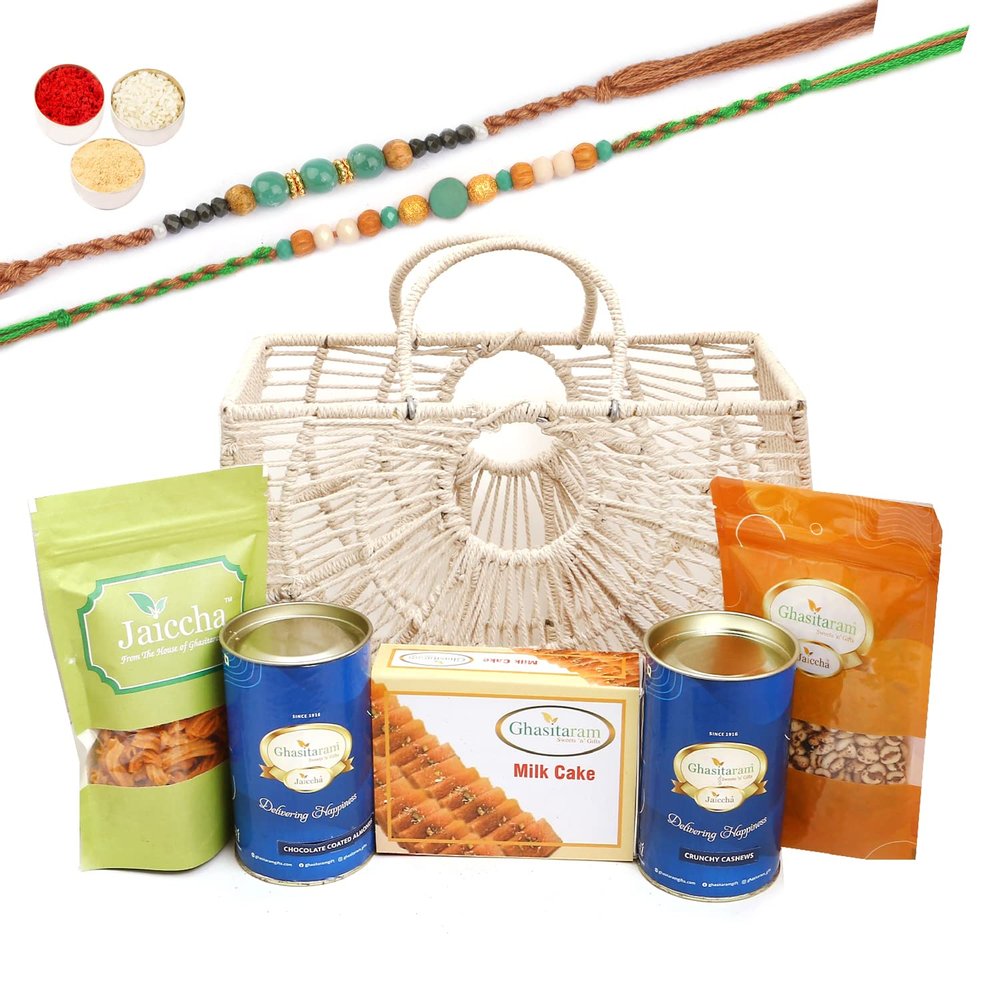 Ghasitaram Gifts Rakhi Gifts for Brothers Jute Fancy Basket/ Carry Bag/ Magazine Holder of Assorments with Milk Cake with 2 Green Beads Rakhis