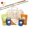 Ghasitaram Gifts Rakhi Gifts for Brothers Jute Fancy Basket/ Carry Bag/ Magazine Holder of Assorments with Milk Cake with 2 Green Beads Rakhis view 1