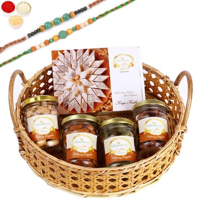 Ghasitaram Gifts Rakhi Gifts for Brothers Wooden Cane Round Basket of 4 Assorted Nuts and Kaju Katlis. with 2 Green Beads Rakhis
