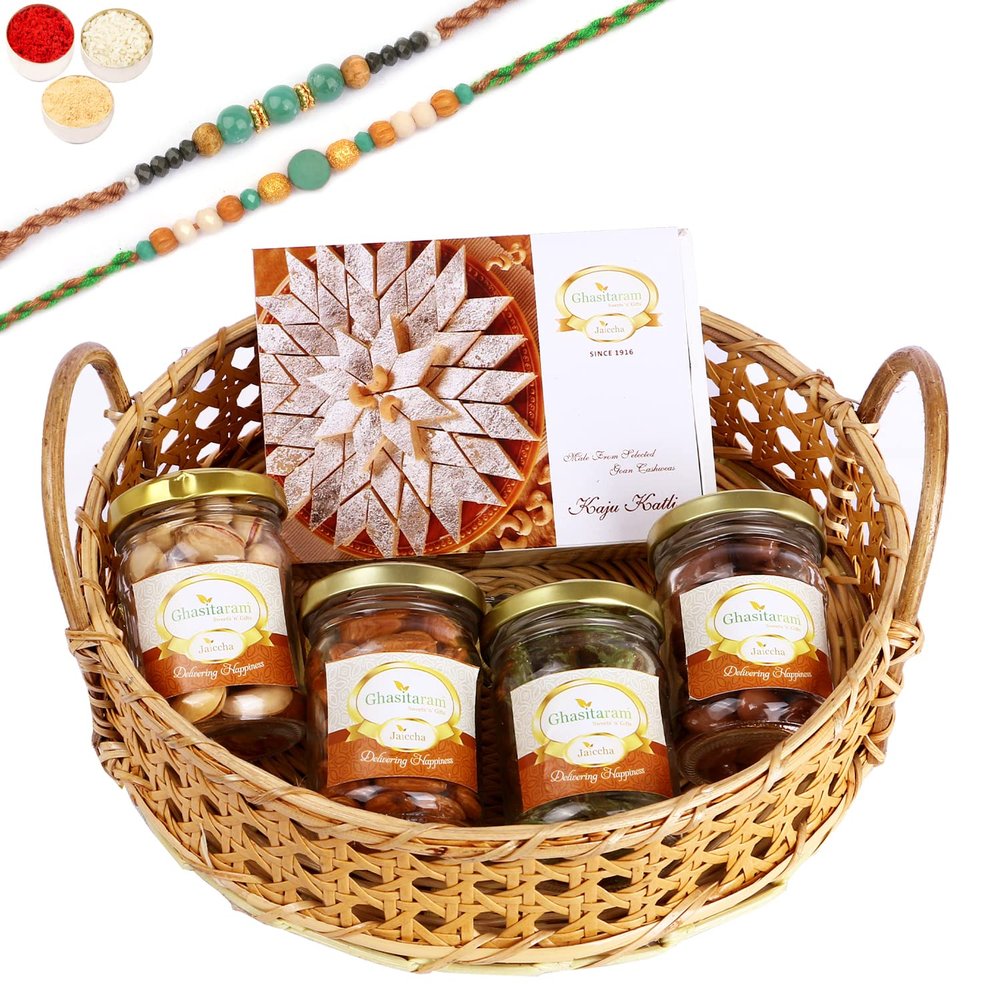 Ghasitaram Gifts Rakhi Gifts for Brothers Wooden Cane Round Basket of 4 Assorted Nuts and Kaju Katlis. with 2 Green Beads Rakhis