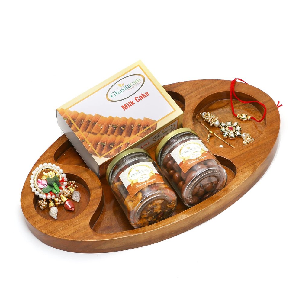 Ghasitaram Gifts Rakhi Gifts for Brothers Chip n Dip Platter with Milk Cake, Dryfruits, Roli Chawal Thali and Bhaiya Bhabhi Rakhis