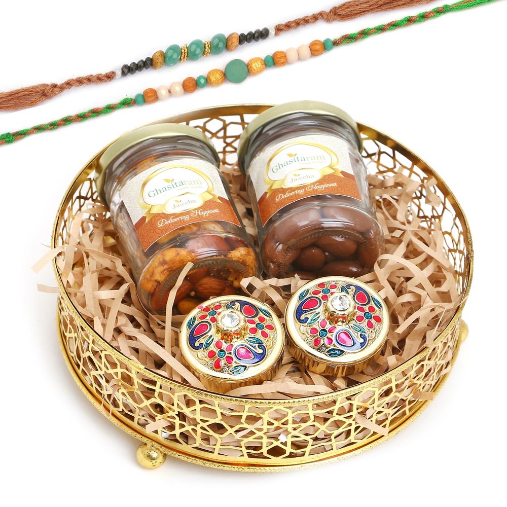 Ghasitaram Gifts Rakhi Gifts for Brothers Round Basket of Jars of Mix Dryfruits, Chocolate Almond, Roli Chawal Containers and 2 Rakhis
