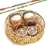 Ghasitaram Gifts Rakhi Gifts for Brothers Round Basket of Jars of Mix Dryfruits, Chocolate Almond, Roli Chawal Containers and 2 Rakhis view 1