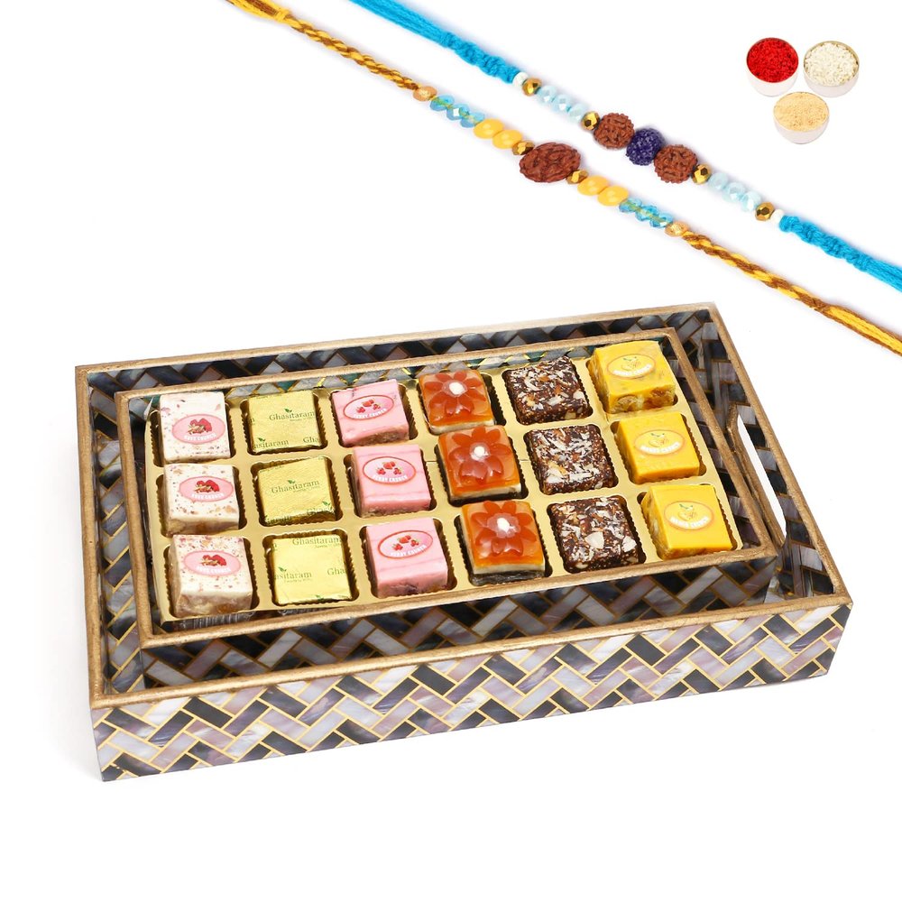 Ghasitaram Gifts Rakhi Gifts for Brothers Set of 2 Printed Blue Trays of Assorted Bites with 2 Blue Rudraksh Rakhis