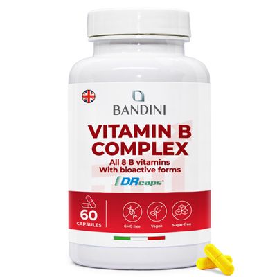 Bandini Vitamin B Complex High Strength | 60 Capsules (2 Months Supply) | All 8 B Vitamins B1, B2, B3, B5, B6, B7, B9, Vitamine B12 Supplement | One A Day | No Fillers, Non-GMO | Made in Italy