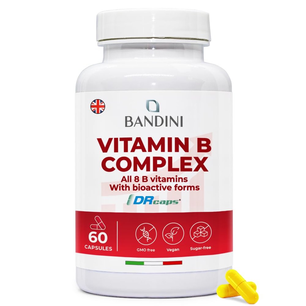 Bandini Vitamin B Complex High Strength | 60 Capsules (2 Months Supply) | All 8 B Vitamins B1, B2, B3, B5, B6, B7, B9, Vitamine B12 Supplement | One A Day | No Fillers, Non-GMO | Made in Italy
