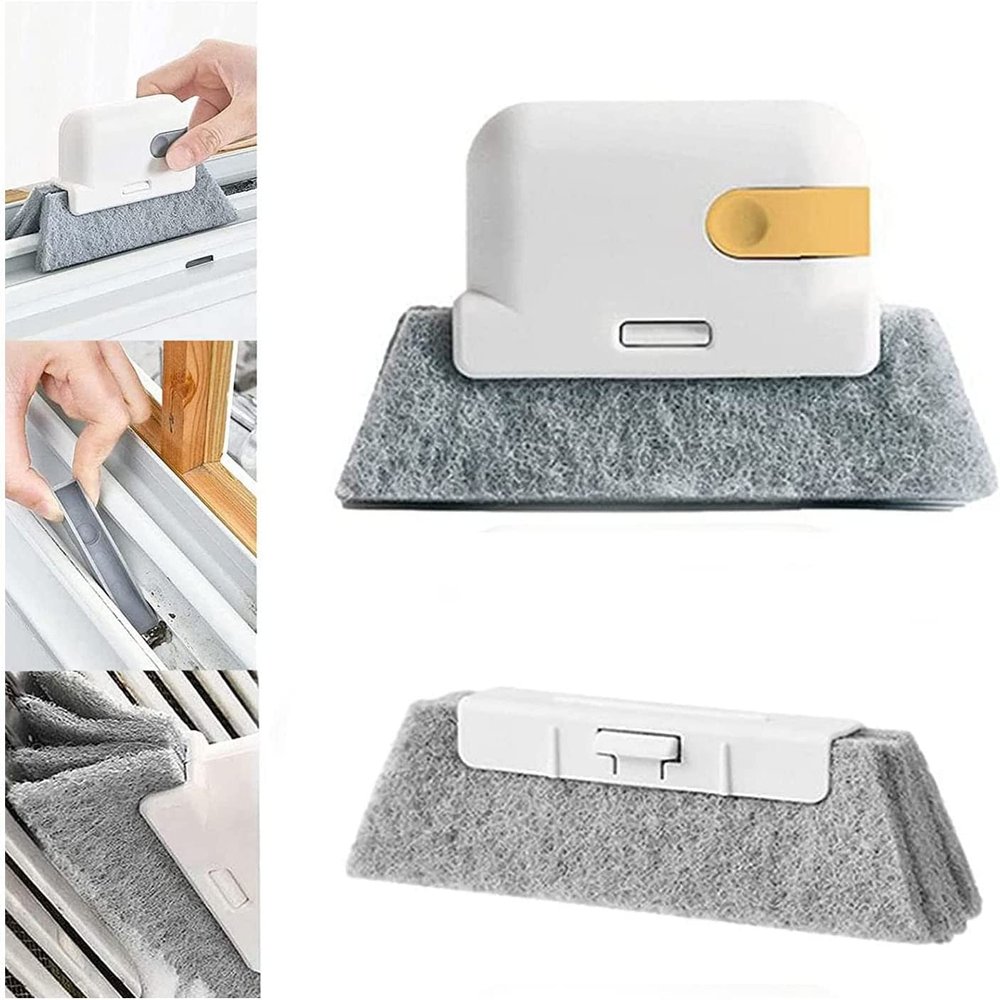 2-in-1 Groove Cleaning Tool Creative Window Groove Cleaning Cloth,Hand-held Crevice Cleaner Tools,Magic Window Track Cleaner,Window Groove Cleaning Brush with Replacement Pads (Yellow)