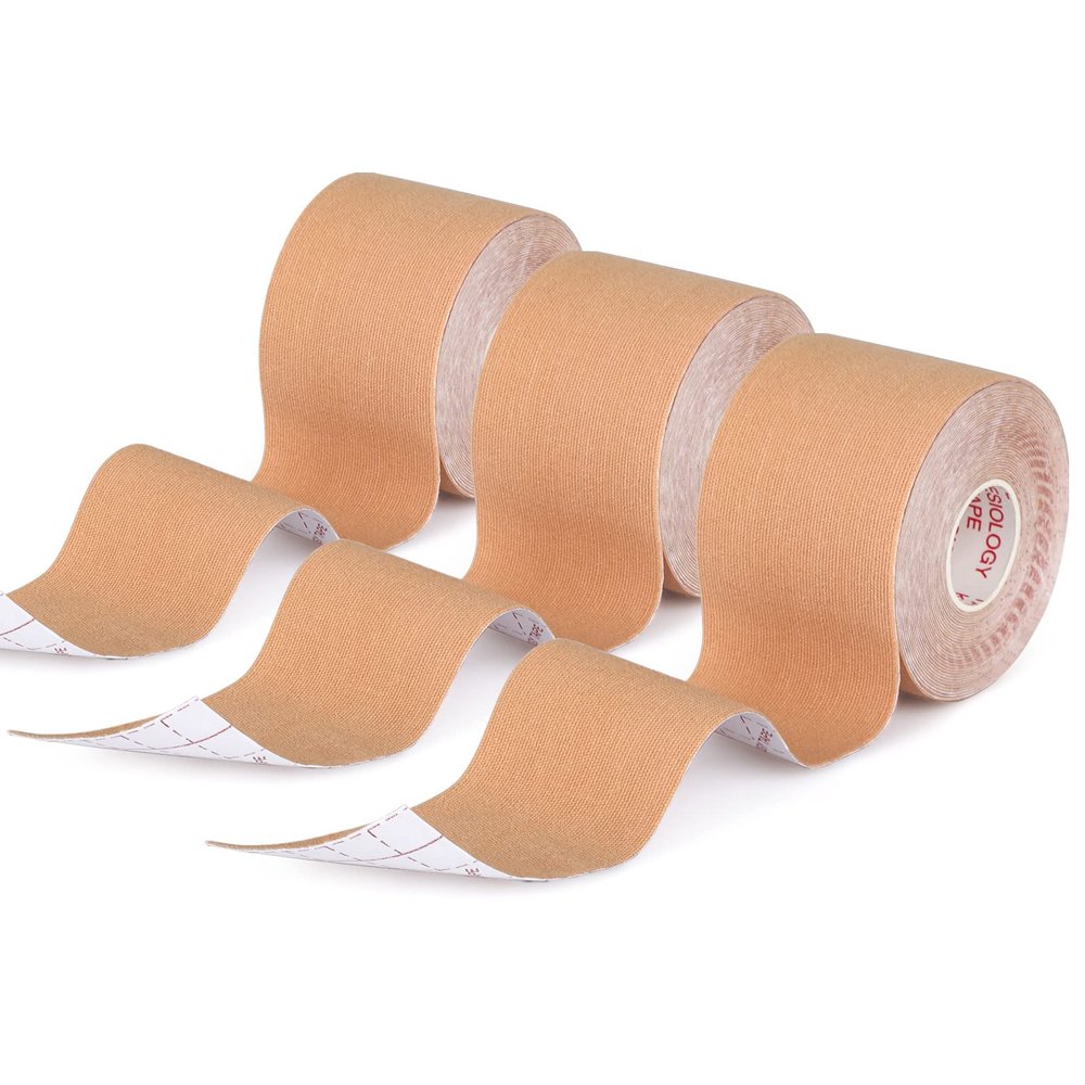 3 Rolls Kinesiology Tape, 5m x 5cm Physio Tape, Kinetic Elastic Water Resistant Muscle Tape Strapping for Support Adhesive Uncut Sports Breathable and Soft Muscle for Shoulder Knee Ankle (Beige)