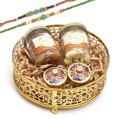 Ghasitaram Gifts Rakhi Gifts for Brothers Round Basket of Jars of Cashews, Almonds, Roli Chawal Containers and 2 Rakhis