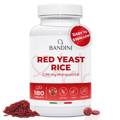 Bandini Red Yeast Rice from Monascus purpureus | 180 Easy-to-Swallow Tablets (6 Months) 99.7mg red Rice - 2.9mg Monacolin K | No fillers, 100% Vegan, Non-GMO, Laboratory Tested
