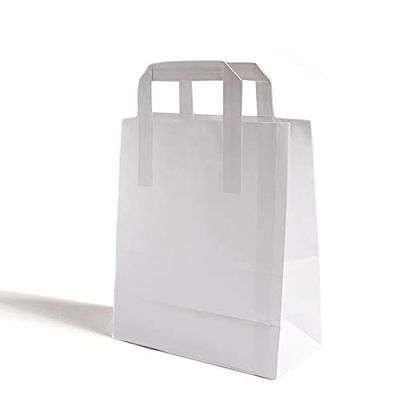 [  ] White Kraft Medium SOS Paper Carrier Bags | Food Carrier Takeaway Bags with Flat Handle 100% Recyclable | Gifts Bag, Party Bag, Shopping Bag