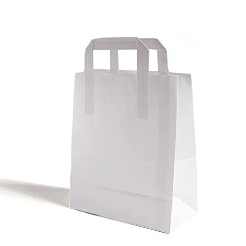 [  ] White Kraft Medium SOS Paper Carrier Bags | Food Carrier Takeaway Bags with Flat Handle 100% Recyclable | Gifts Bag, Party Bag, Shopping Bag