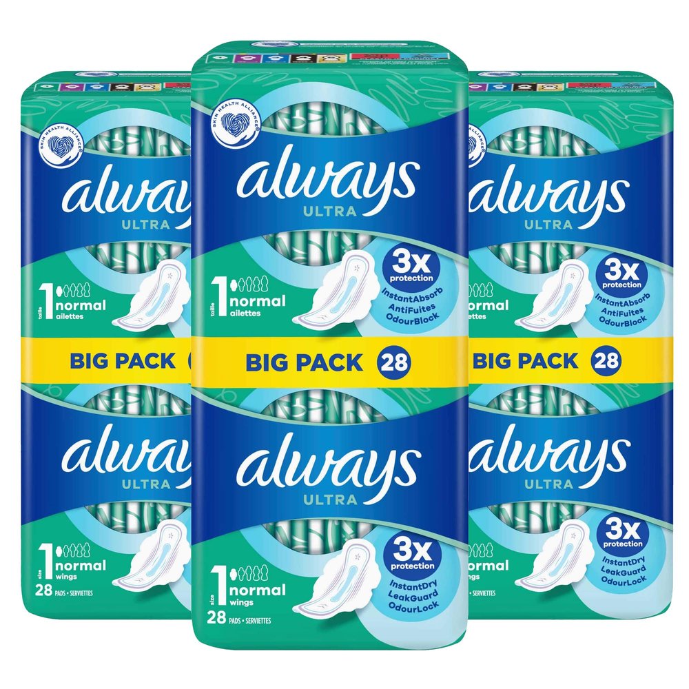 Always Ultra Normal (Size 1) Sanitary Pads Towels with Wings, 28 per Pack (Pack of 3) - 84 Pads in Total