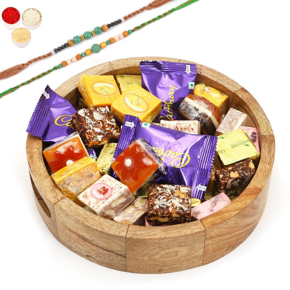 Jaiccha Ghasitaram Rakhi Gifts for Brothers Round Printed Tray of Assorted Bites and Cookies with 2 Green Beads Rakhis