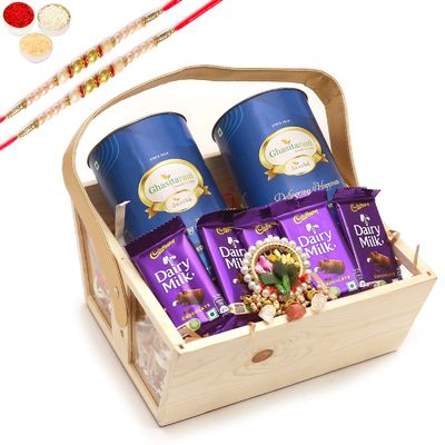Jaiccha Ghasitaram Rakhi Gifts for Brothers Small Acrylic Basket of 9 Goodies with 2 Pearl Rakhis